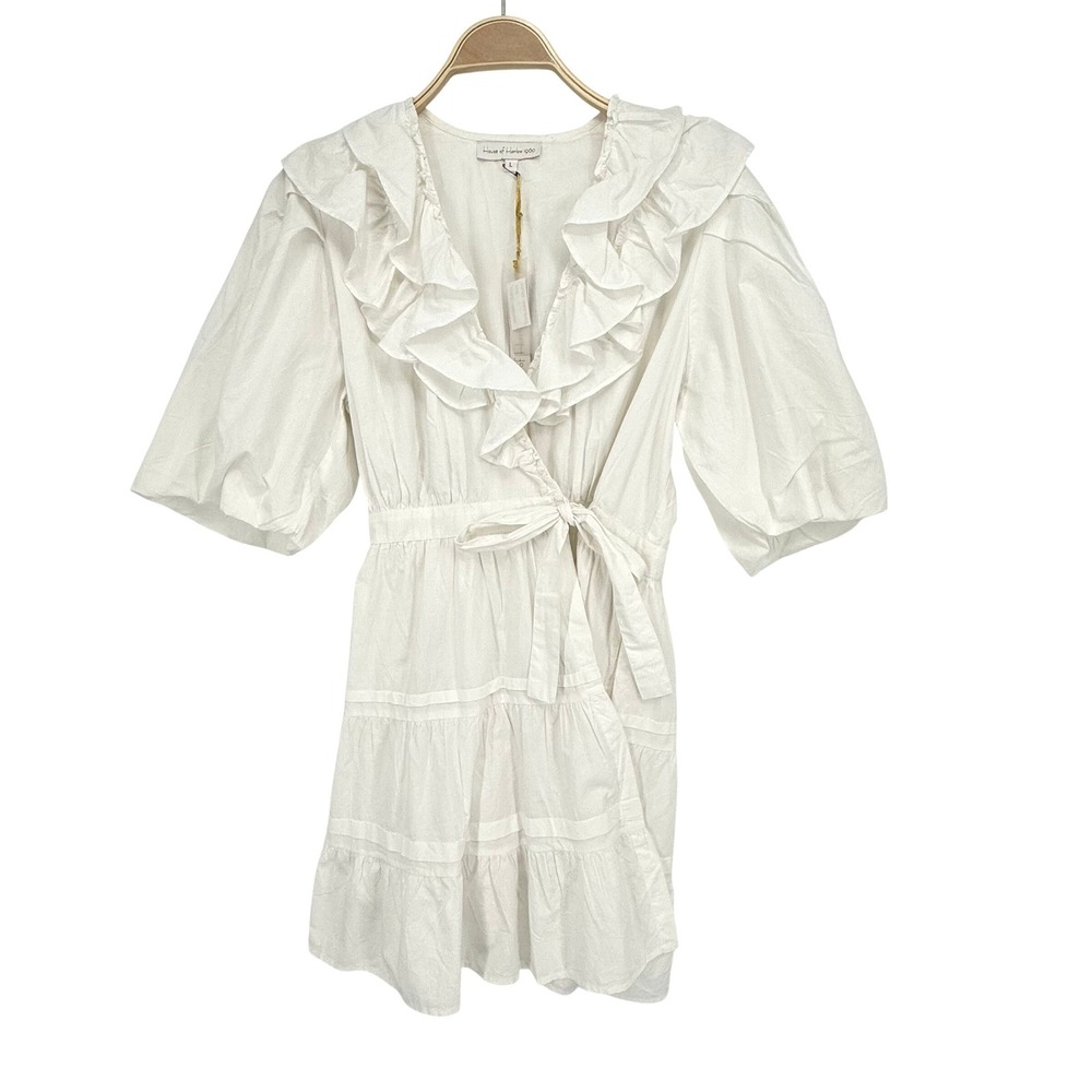 House of Harlow 1960 Wrap Mini Dress Women Size L White NEW Ruffle HHS23-6004